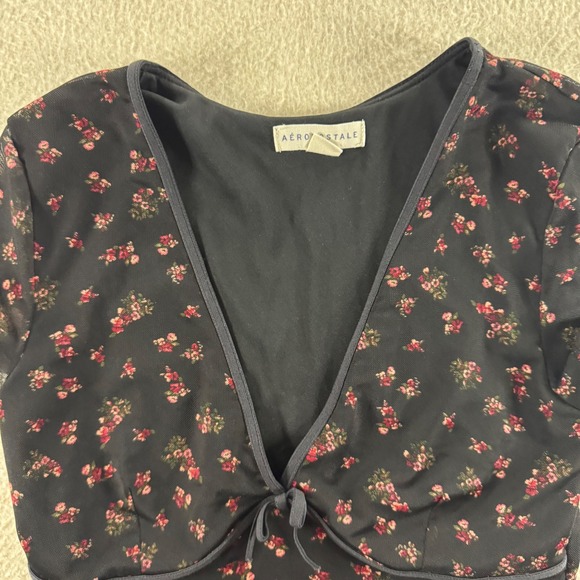 Aeropostale Floral Mesh Tie Front Top Black‎ V Neck Short Sleeve Y2K Baby Doll - Picture 2 of 6